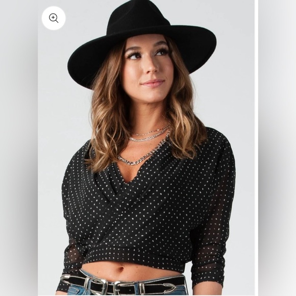 Lucca Couture | Cropped Black Blouse w/ White Dots - Picture 1 of 8